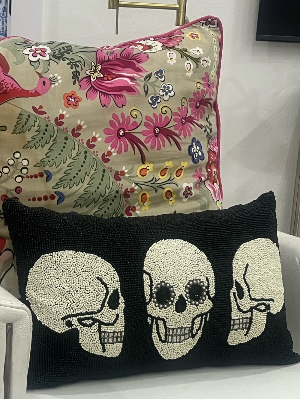 Skull Hand Beaded Black White Halloween Pillow